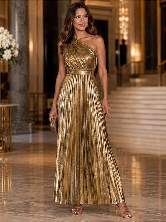 Dresses & Skirts - 99- Elegant Shiny Gold Asymmetrical Neck‎ Maxi Party Dress Pleated